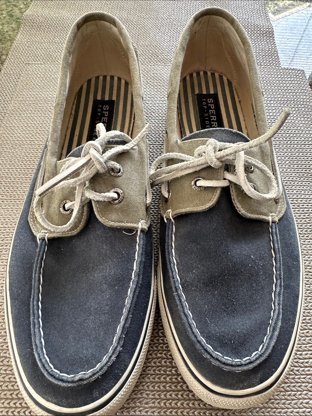 Sperry Two-Tone Canvas Boat Shoes in Navy and olive green